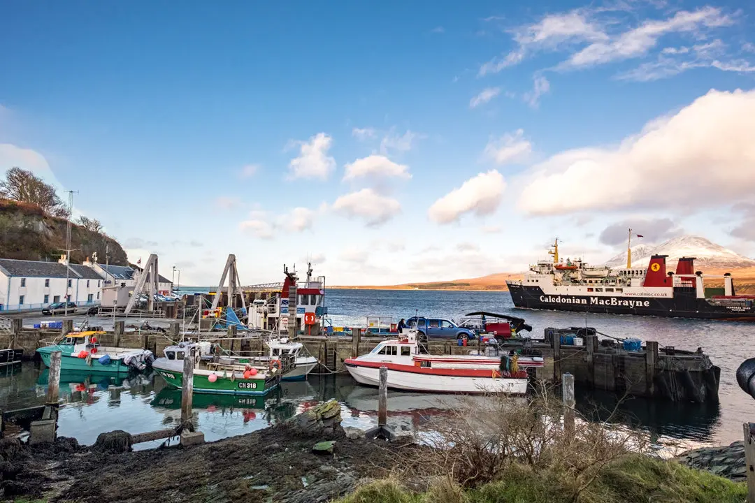 Port Askaig Harbour with Calmac Ferry and Jura in the background