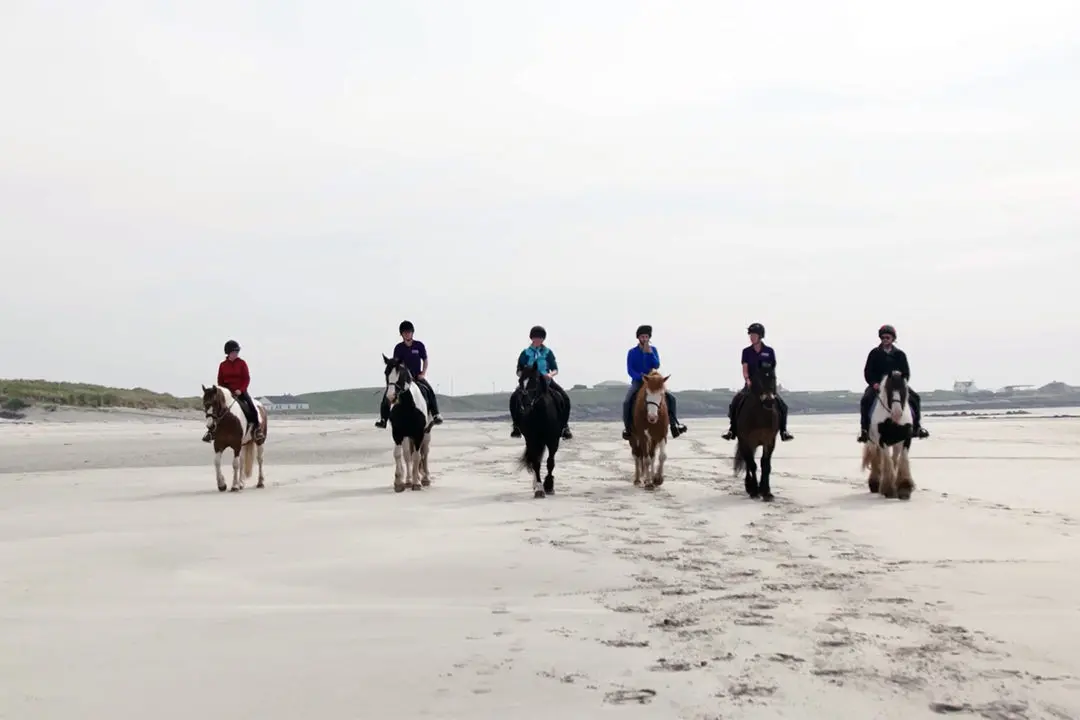 Group of horse riders on a beach in the Outer Hebrides
