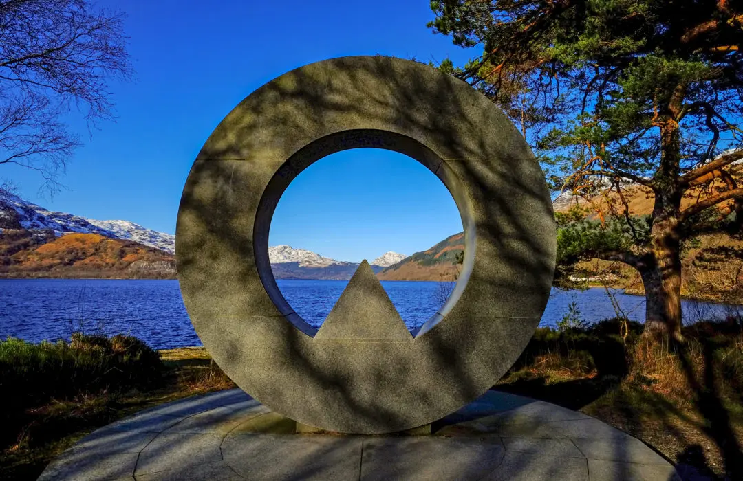 War memorial at Rowardennan with views across Loch Lomond and the Arrochar Alps