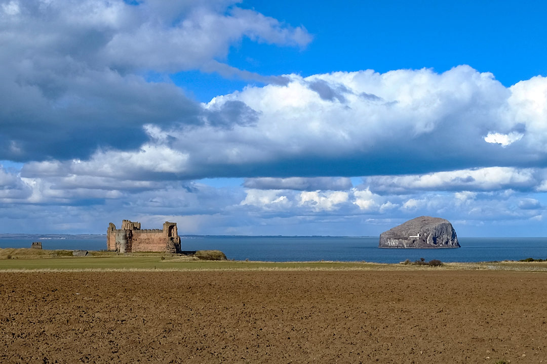 Tantallon Castle and Bass Rock on the Firth of Forth.