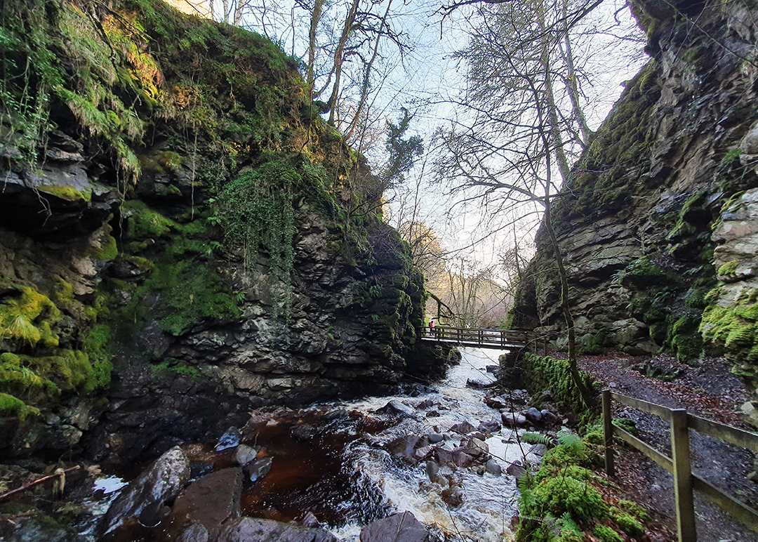 The Big Burn at Golspie - a river running through a deep gorge with a bridge crossing it. 