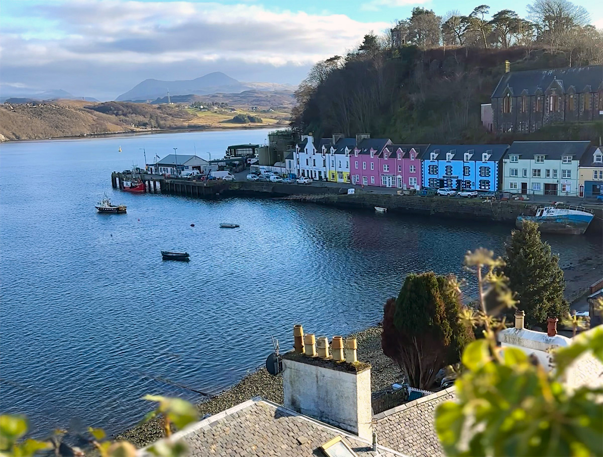 Portree harbour with colourful buildings and boats