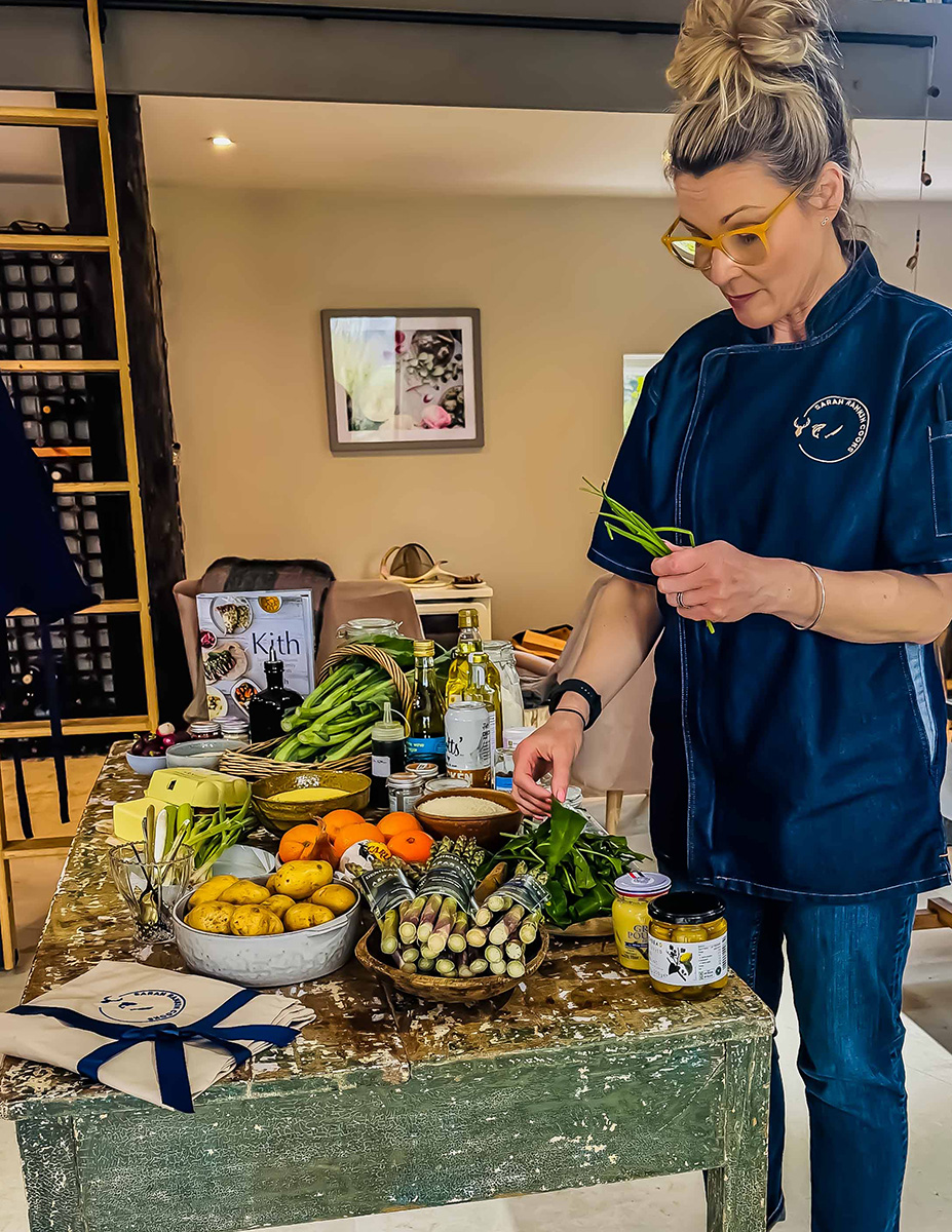Preparing fresh ingredients on a table at a cooking class in Scotland