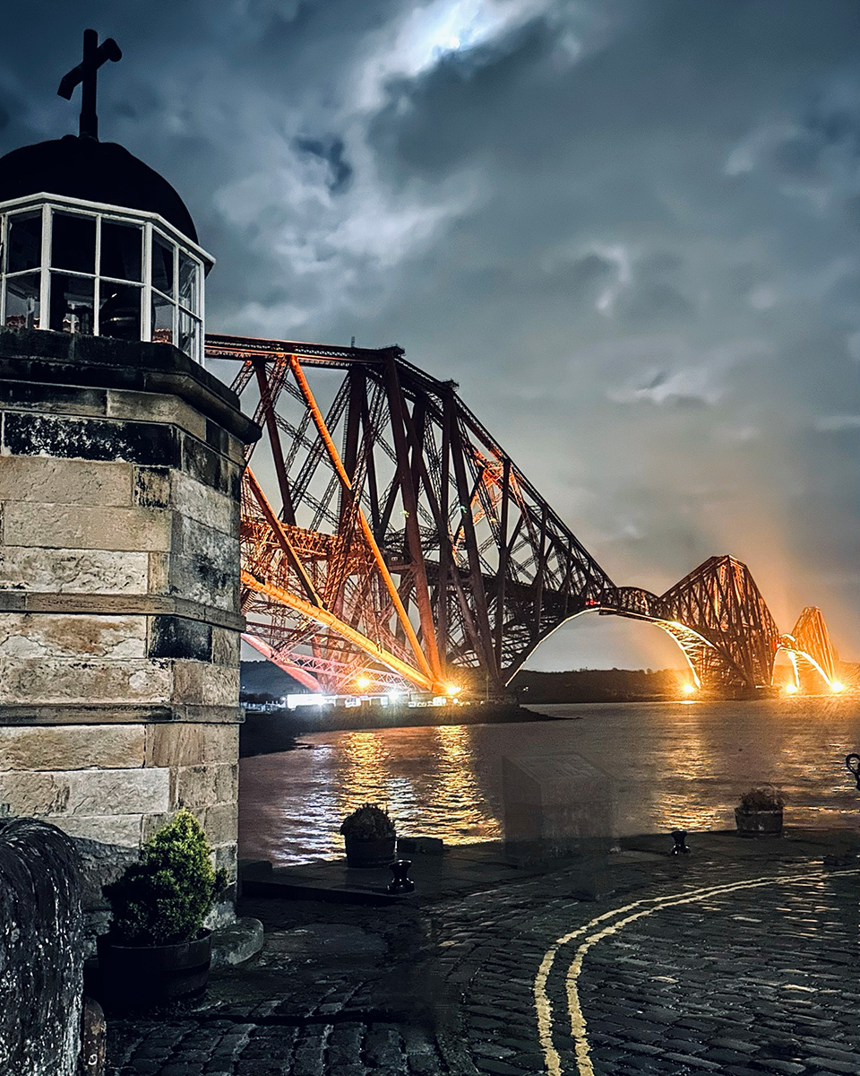 The Forth Bridge from North Queensferry on the Firth of Forth.